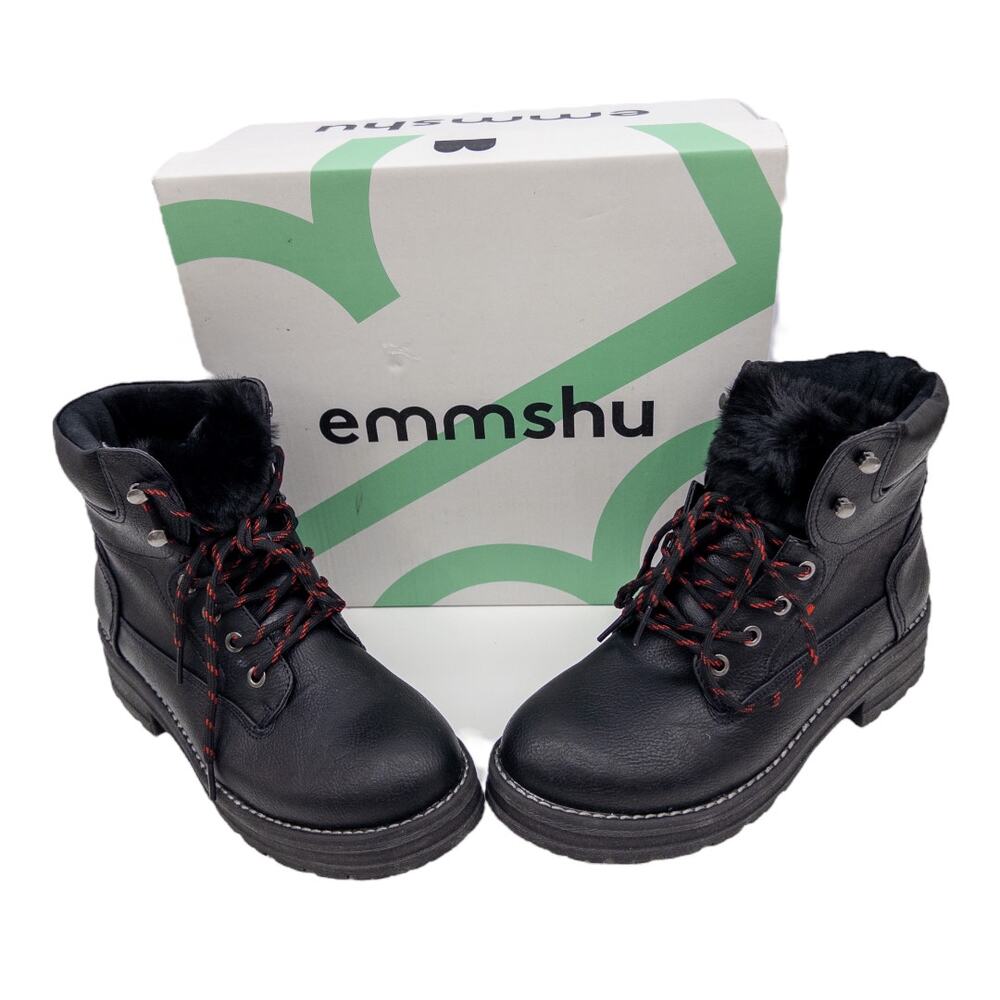 EMMSHU Combat Boots  Black Faux Fur Tongue Migas Lace Up 7 Women's